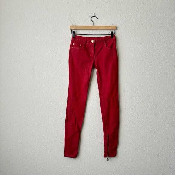 BALMAIN Skinny Jeans Red Low Rise Ankle Zip Stretch Hipster - Picture 1 of 16
